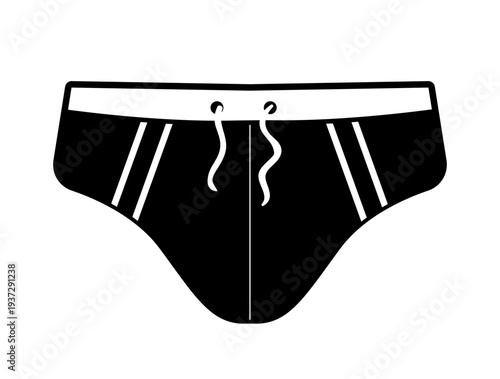 Simple vector illustration of men swim briefs with drawstring. Minimal black swimwear clothing design isolated on white background.