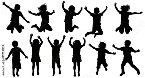 Silhouettes of Children Jumping Freely.