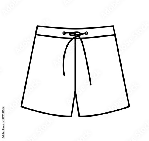Minimal vector illustration of men beach shorts with drawstring waist. Simple summer swimwear design isolated on white background.