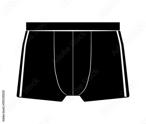Black and white vector illustration of men swim boxers with side stripes. Minimal beach swimwear clothing design isolated on white background.