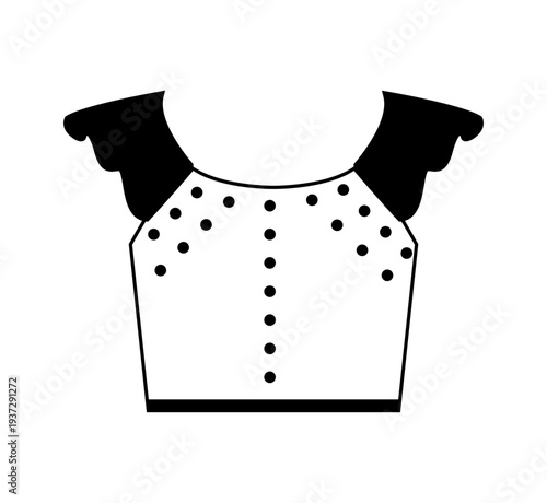 Outline vector illustration of a women blouse with flutter sleeves, front buttons and polka dot pattern. Flat fashion clothing design isolated on white background.