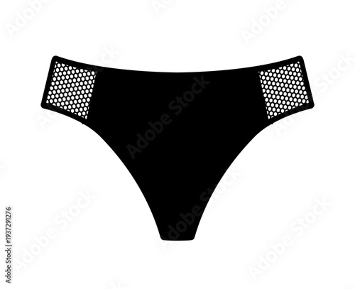 Black silhouette of women thong panties with mesh side panels. Minimal flat vector illustration of female swimwear isolated on white background.