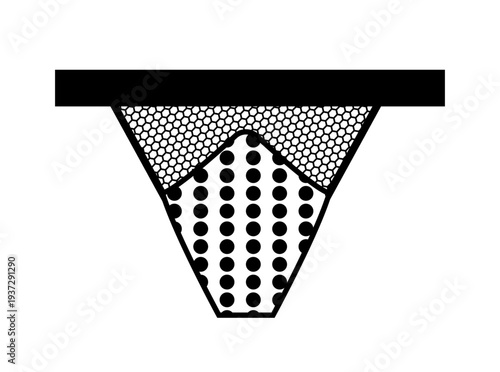 Black silhouette of women thong panties with mesh panels and polka dot pattern. Minimal flat vector illustration of female lingerie isolated on white background.