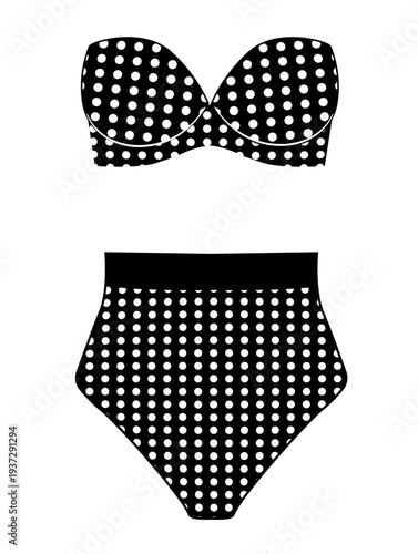 Black silhouette of women polka dot bikini set with bandeau top and high waist bottom. Minimal flat vector illustration of female swimwear isolated on white background.