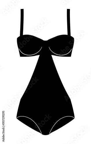Outline vector illustration of a women monokini swimsuit with bra top and connecting front panel. Flat swimwear fashion design isolated on white background.