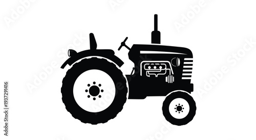 A black silhouette of a classic vintage farm tractor