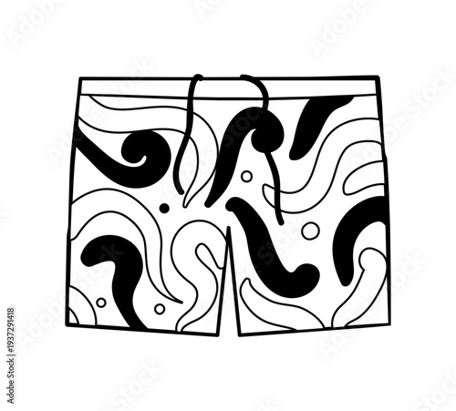 Minimal vector illustration of beach shorts with abstract pattern. Modern summer swimwear design isolated on white background.