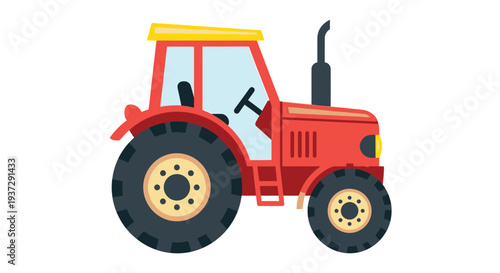 A colorful illustration of a classic red farm tractor with a yellow roof
