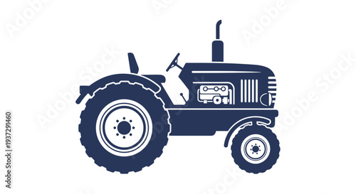 Simple blue and white illustration of a classic farm tractor