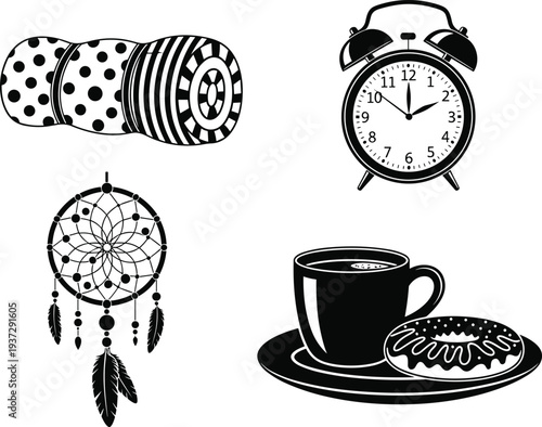 Black and white icons of alarm clock, dreamcatcher, coffee cup with donut, towel roll, morning routine, rest and breakfast symbols