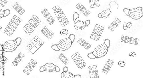 Black and white medical pattern featuring face masks, blister packs of pills, tablets, healthcare supplies, illness prevention, and pharmaceutical design
