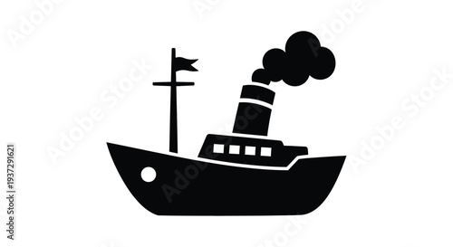 Simple black silhouette of a vintage steamship with a smoking chimney