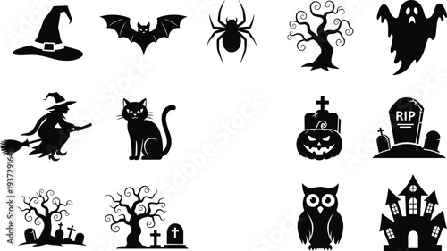 Black silhouette Halloween icons featuring witch hat, bat, spider, ghost, broomstick witch, black cat, tombstones, haunted tree, and owl
