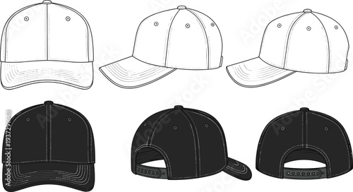 Black and white technical baseball cap illustrations showing front, side, and rear views with stitching, eyelets, and adjustable strap details