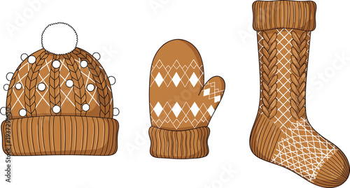 Brown and white winter clothing icons featuring knitted hat with pom‑pom, patterned mitten, and cable knit sock for seasonal warmth