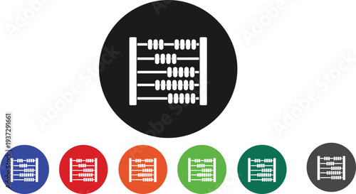 Colorful circular abacus icons collection featuring traditional counting tool silhouettes in diverse frames, bead colors, mathematics, and educational design variations