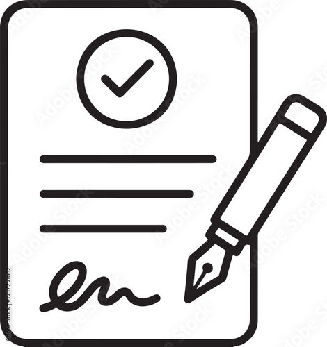 Signed Contract with Fountain Pen Icon - Legal Agreement, Approval and Business Signature