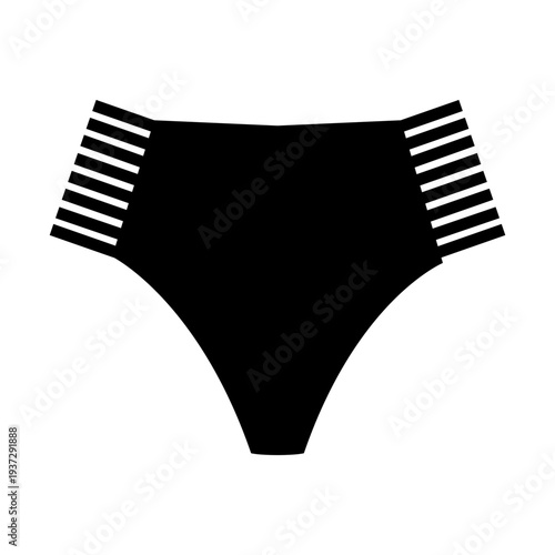 Black silhouette of bikini bottom with multiple side straps. Minimal flat vector swimwear illustration isolated on white background.