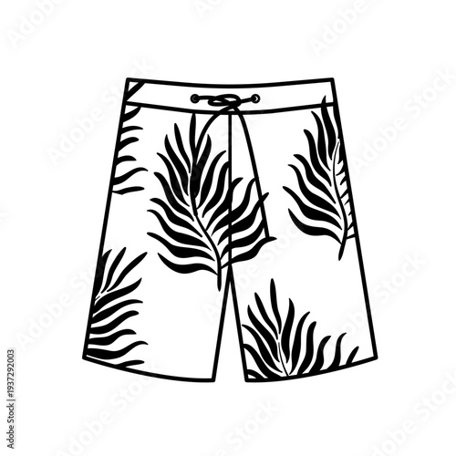 Minimal vector illustration of men beach shorts with tropical leaf pattern. Summer swimwear design isolated on white background.
