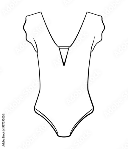 Outline of women one piece swimsuit with deep V neckline and short flutter sleeves. Minimal flat vector illustration of female swimwear isolated on white background.