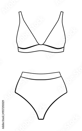 Black outline of women bikini set with V neck top and high waist bottom. Minimal line vector illustration of female swimwear isolated on white background.
