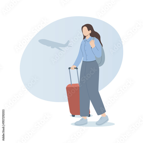 Business woman walking with suitcase at airport, travel and business trip concept, flat vector illustration.
