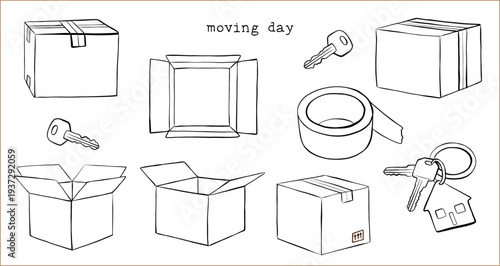 Moving Day boxes vector set in one line illustration style. Hand drawn open and closed boxes, keys and packing tape. Minimalistic doodle illustration for relocation, moving, shipping. Transparent