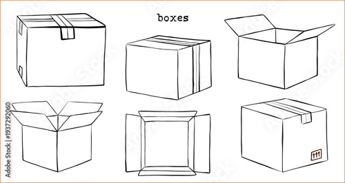 Cardboard boxes vector set - one line drawing style. Hand drawn minimal open and closed parcel boxes: packing, moving, shipping, delivery. Simple outline illustrations isolated, transparent background
