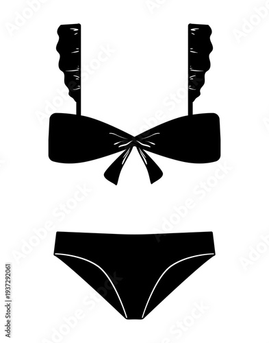 Minimal vector illustration of women bikini set with bow top and bikini bottom. Simple female swimwear design isolated on white background.