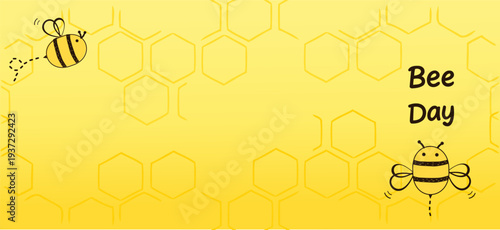 Bee day background with cute bees and honeycomb hexagon pattern.