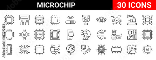 Modern microchip and semiconductor line icons set designed for processor technology, artificial intelligence hardware and electronic systems. Clean outline icons with editable stroke, cloud computing 
