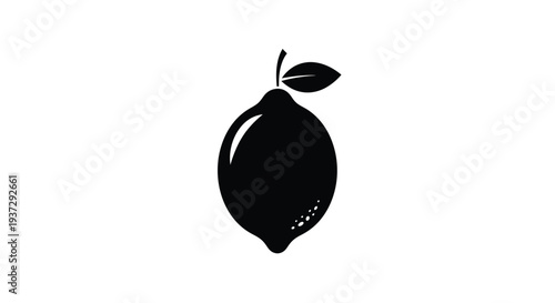 Simple black silhouette of a lemon with a leaf on a white background
