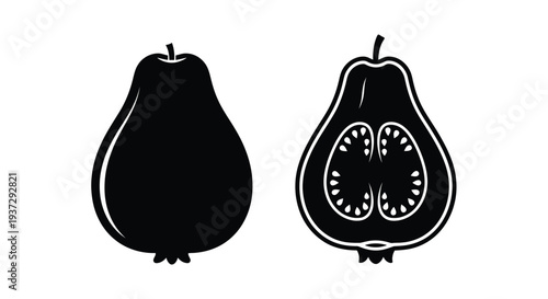 Black and white illustration of a pear and its cross section