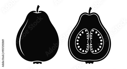 Black and white illustration of a whole pear and a sliced pear