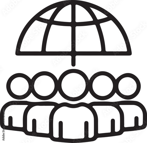 Global Protection and Community Insurance Icon - Group of People under Globe Umbrella