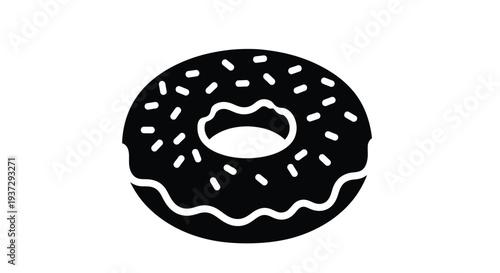 A simple black and white illustration of a sprinkled donut
