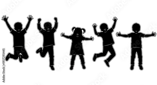 Children Jumping Silhouettes Isolated White.