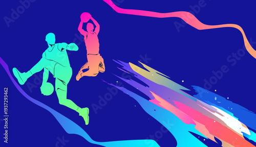 Colorful basketball player silhouette dunking ball, national sports day poster design with modern abstract background.