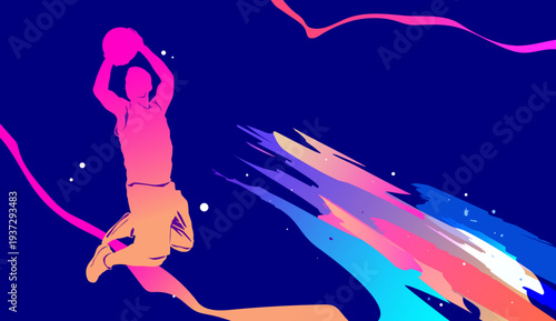 Colorful basketball player silhouette dunking ball, national sports day poster design with modern abstract background.