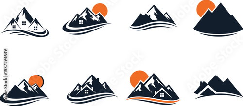 Mountain house real estate logos, cabin in snowy peaks, alpine property icons, nature landscape symbols, home building silhouette, sunset over mountain range, wilderness retreat