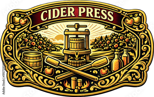 Cider Press Apple Harvest Vintage Badge Vector