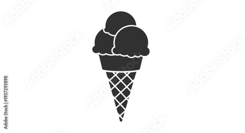 Simple black silhouette of a two scoop ice cream cone on a white background