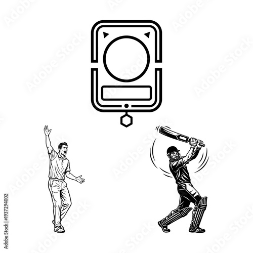 Cricket umpire trophy and batsman poses icon set