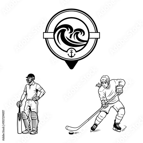 Cricket scoreboard ticket and batsman action icon set