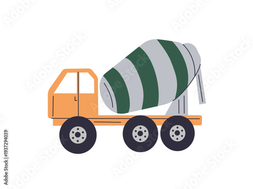 Illustration of stylized concrete mixer truck with a rotating drum. Modern construction mashines for nursery wall art, kids apparel, and construction theme designs.