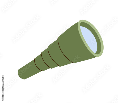  Illustration of stylized classic green handheld telescope. Optical instrument for nautical themes, pirate stories, maritime exploration and adventure icons.