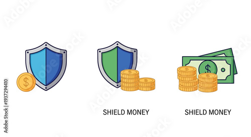 Shield with Coins and Money Illustration.