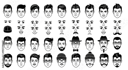 Collection of Hand Drawn Male Faces and Features.