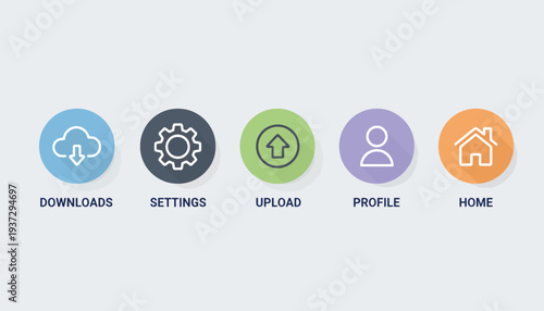 Flat vector icons for digital platform features with downloads, settings, upload, profile, and home sections