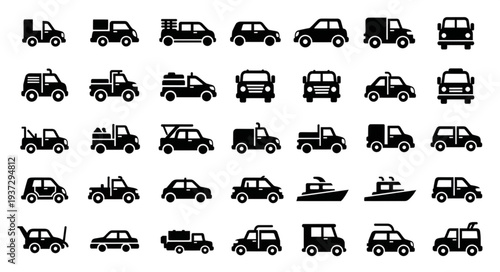 Collection of diverse vehicle icons representing transportation and logistics.
